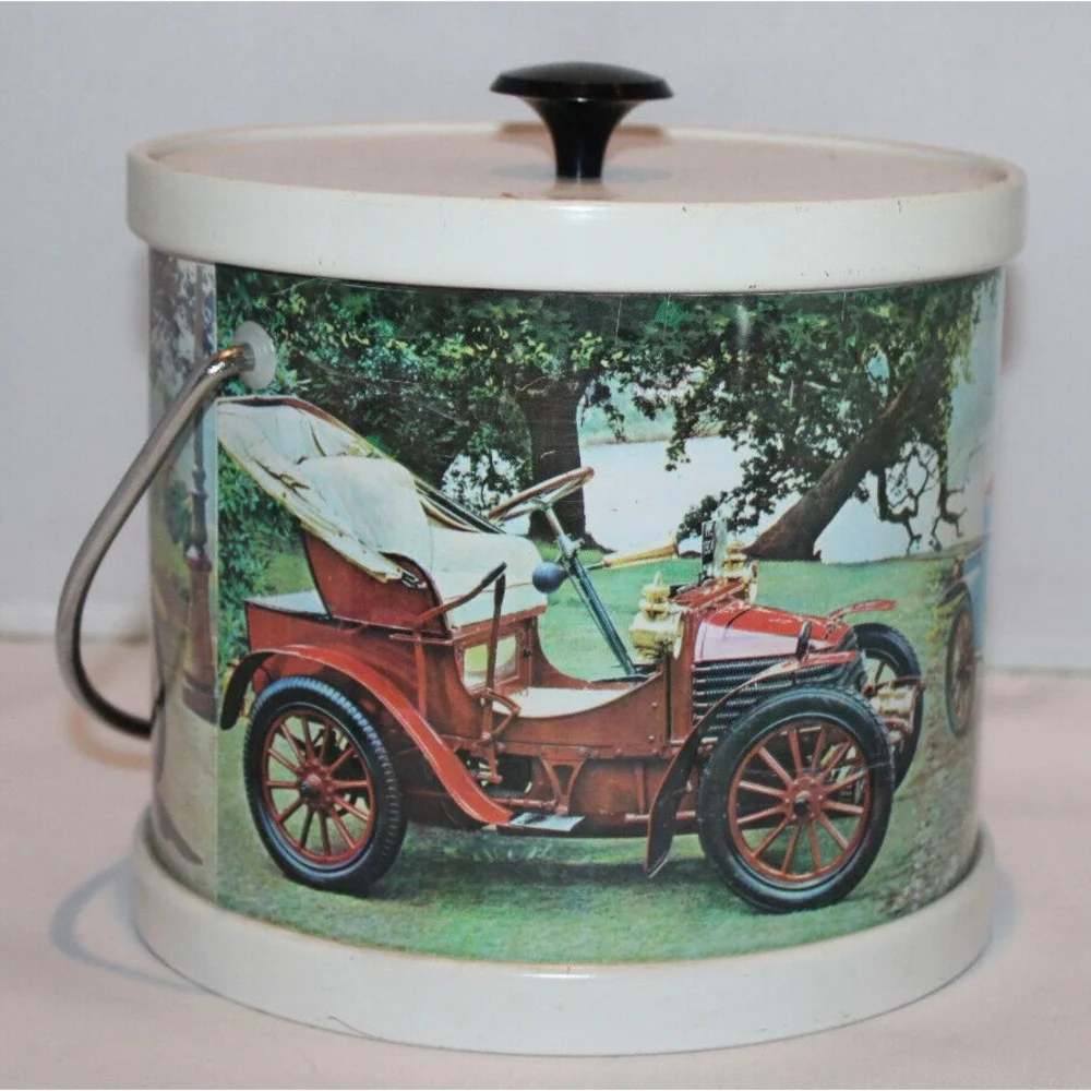 vintage metal ice bucket with plastic insert & handle old time cars Hong Kong